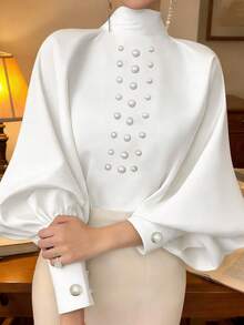 Women's Elegant Pearl Decor Lantern Sleeve Blouse, Fashionable Loose Tie Waist Design, Suitable For Party, Office Wear - White - View 2