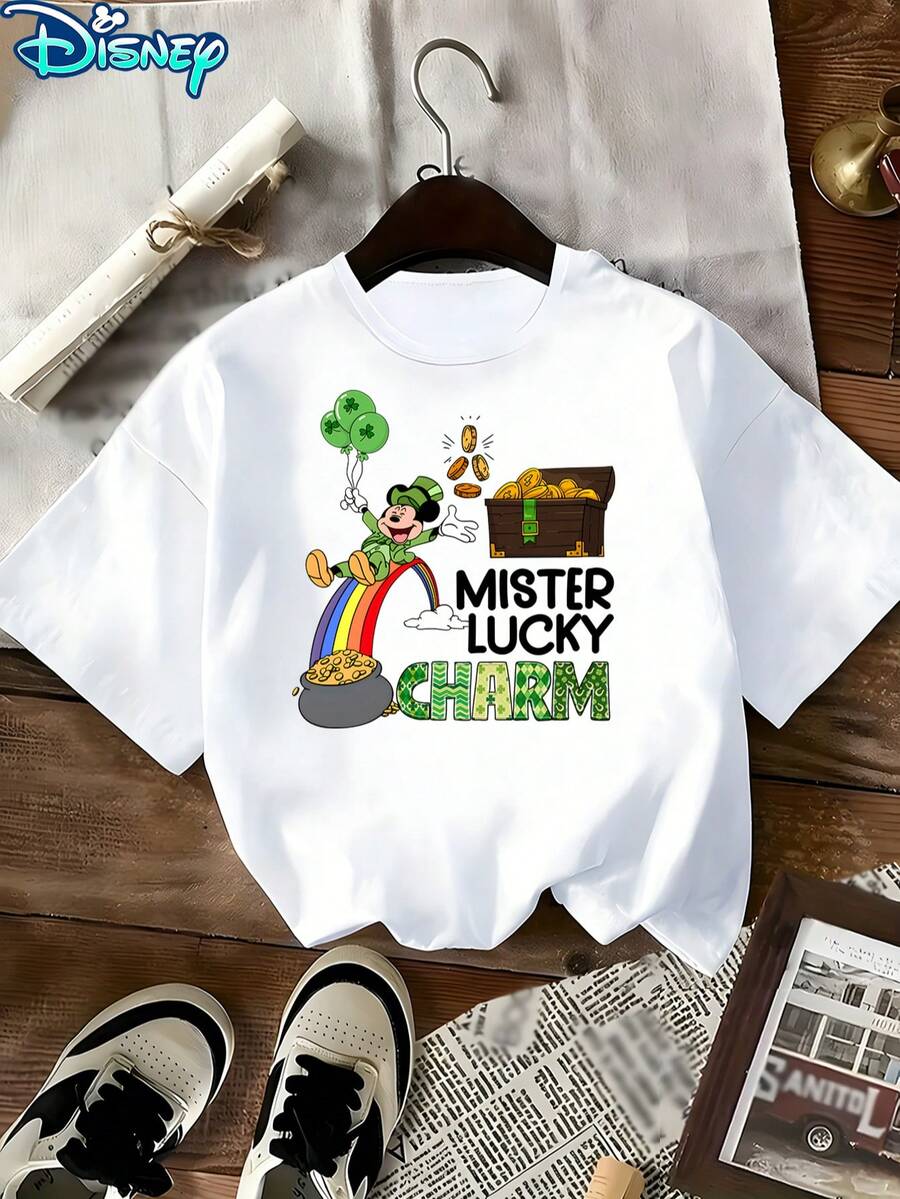 Disney Women's Mickey "Mister Lucky Charm" St. Patrick's Day Short-Sleeved T-Shirt - Rainbow & Gold Pot Theme Round-Neck Top, Soft Cotton Breathable Fabric - trắng - Xem 1