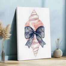 1 pza Arte de pared de verano azul, decoración de playa, cuadro de lienzo con marco, póster vintage, concha, lazo de encaje, azul y blanco - Botánico, acuarela, estilo suave y soñador, regalo ideal, decoración para sala, dormitorio u oficina, incluye herrajes - Vertical - Lienzo enmarcado - Ver 4