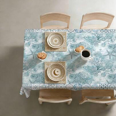 1件夏季浅蓝色海洋印花桌布，海星珊瑚蓝白瓷砖边框，尺寸：55.12*86.61英寸（140*220厘米）/55.12*70.87英寸（140*180厘米）/55.12*55.12英寸（140*140米）/35.43*55.12英寸（90*140米），涤纶面料，防水防污，适用于野餐、露营、派对、自助餐、家居装饰、餐桌装饰、厨房装饰、DIY