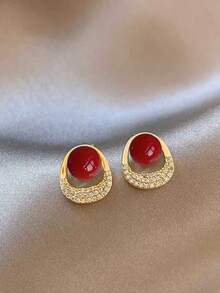 一对法式复古奢华小众红色水钻不对称几何耳环，适合女士日常及节日佩戴 - 幾何 - 查看 6