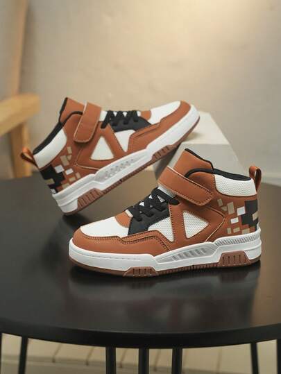 1 đôi giày thể thao trẻ em phối da và lưới thoáng khí, kiểu dáng thường ngày, buộc dây thời trang, phù hợp cho mọi mùa.