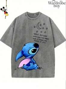 Disney Printed Wash Water T-Shirt,Disney Stitch Looks At The Stars Pattern Print T-Shirts,Unisex,High-Quality Pure Cotton T-Shirt,Suitable For All Seasons, Comfortable And Breathable| Exquisite Design | The Best Choice For Giving Gifts - Xám - Xem 2