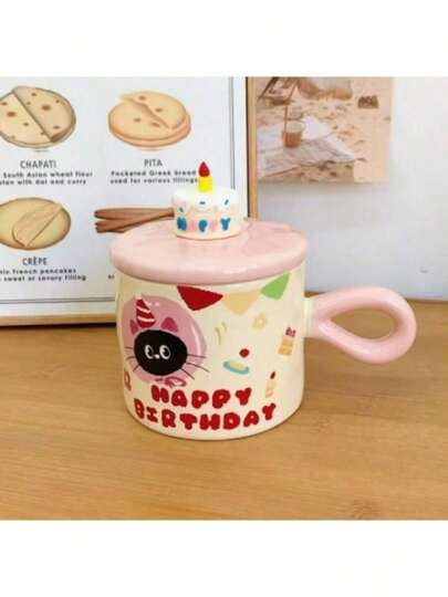 Caneca de Porcelana 380ml Feliz Aniversário com Tampa Decorativa Bolo Happy Birthday Presente