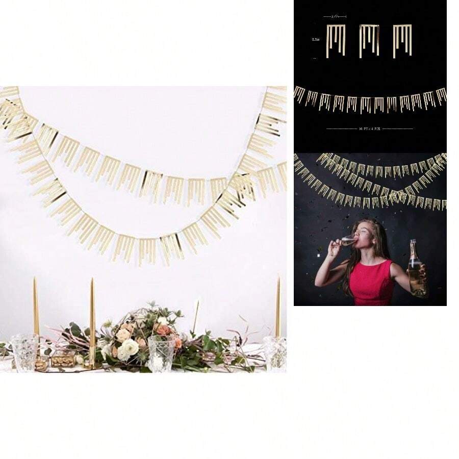 40Ft Champagne Gold Tassel Banner Bunting Double Sided Metallic Paper Garland Streamer For Birthday Engagement Bachelorette Wedding Bridal Shower Baby Shower Anniversary Hen Party Decorations Supplies - 香檳金 - 查看 1