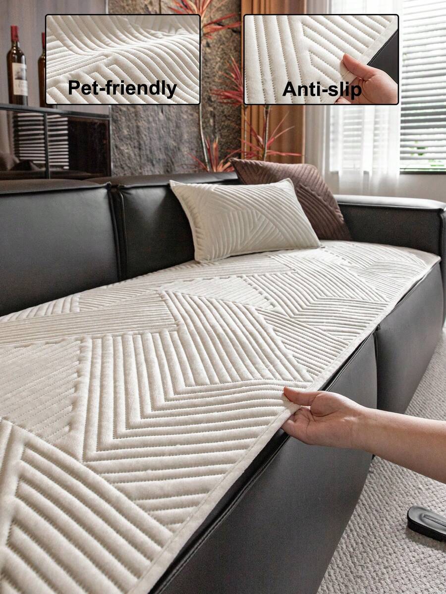1pc Geometric 3D Solid Color Velvet Quilted Sofa Cushion, Minimalist Style, Non-Slip Back, Pet-Friendly, Soft Multi-Functional Anti-Dirty Anti-Dust, Holiday Decor Sofa Cover, Suitable For Backrest, Armrest, All Seasons - Beige - View 1