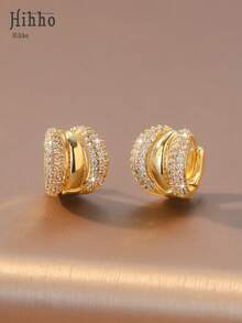 Hihho 一对多层耳环，镶嵌立方氧化锆，时尚光滑金属耳环，质感丰富，光泽亮丽，优雅女士耳环，适合日常佩戴和约会。 - 耳飾 - 查看 3