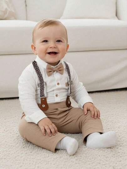 BOARNSEORL 2 piezas Conjunto de caballero para bebé niño, camisa de manga larga con corbata de moño y pantalones con tirantes caqui, de moda, elegante, adecuado para fiesta de cumpleaños, boda, aniversario, bautizo, ocasión formal