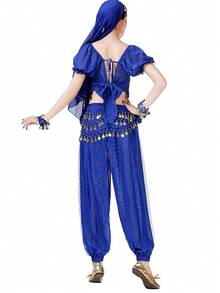 两件套女士肚皮舞服装，包括短袖上衣和哈伦裤，成人练习服 - 彩色 - 查看 12