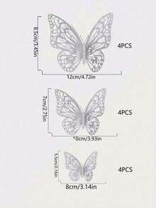 12pcs 3D Hollow Butterfly Wall Stickers, Suitable For Cake Decoration, Wedding Decoration, Living Room Home Decor, Gender Reveal Party, Halloween, Holiday Gifts, Birthday Tabletop Decor, Bedroom Decor - Silver - View 2