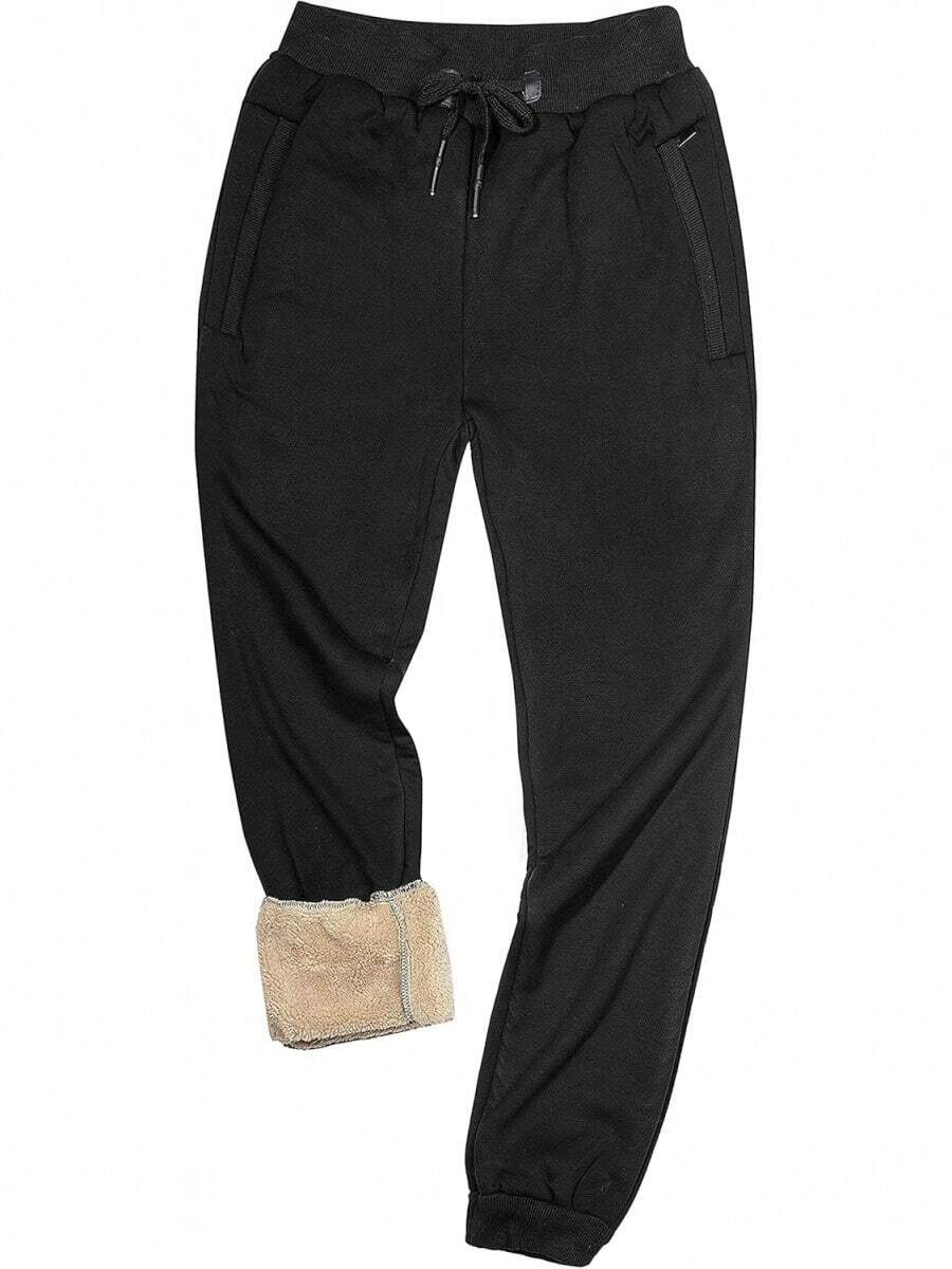 Men's Warm Sherpa Lined Fleece Sweatpants For Active Jogging - Style1 Black-ribbed Cuff - View 1