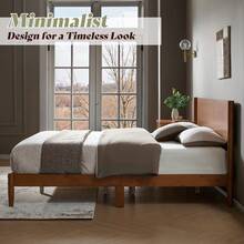 Solid Wood Bed Frame For Bedroom Furniture, Mid Century Modern Platform Bed With Full Panel Headboard, Noise Free Mattress Support And Under Bed Storage - 棕色胡桃木 - 查看 7