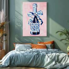 1pc Blue Summer Wall Art, Beach Decor, Ocean Wooden Framed Wall Art, Wrapped Canvas Vintage Prints Poster, Wine Bottle, Blue Bow, Patterned Ribbon - Abstract, Abstract, Whimsical, Contemporary Style, Perfect Gift Decor, Wall Art for Living Room Bedroom Office, Hanging Hardware Included - Wrapped Framed Canvas, Vertical - Lienzo enmarcado - Ver 8