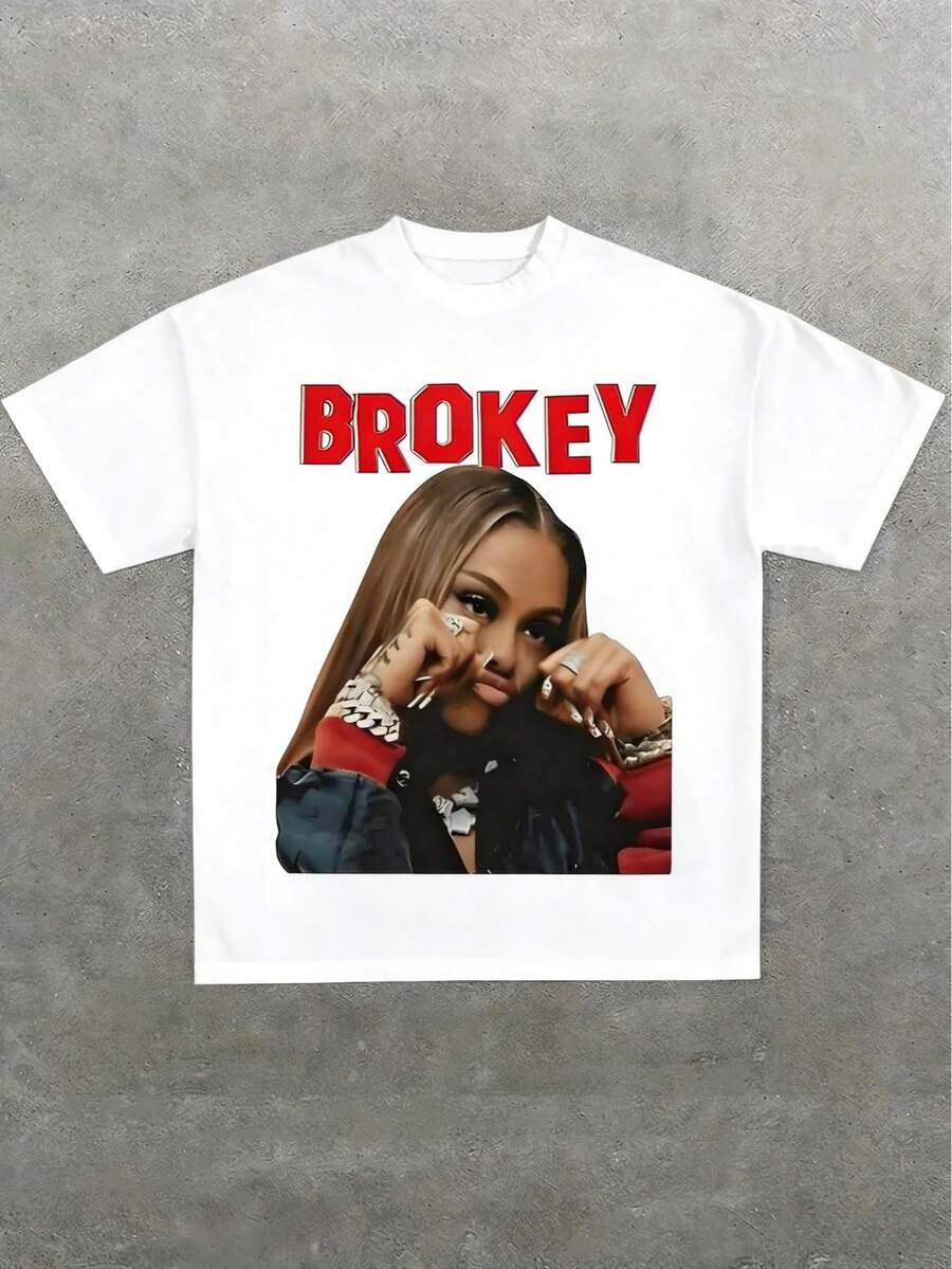 Brokey Street Style Hip Hop Graphic Oversized Tee,Casual Print Cotton 220 Grams Heavyweight Print T-Shirt,Summer - trắng - Xem 1