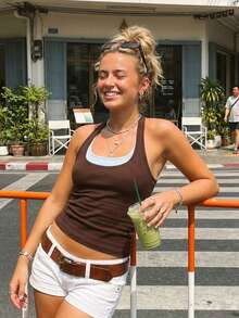 Women Tank Tops Halter Neck Sleeveless Contrast Color Fake Two-Piece Summer Slim Fit Vest - Brown - View 3