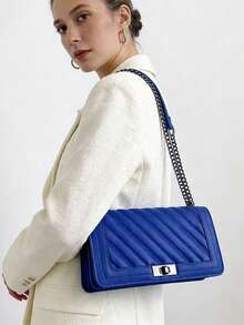 Herringbone Embroidered Twist Lock Small Square Shoulder Bag Crossbody Bag Chain Strap Women Handbag - Blue - View 4