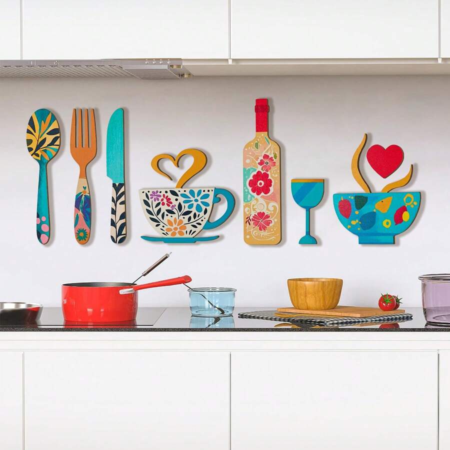 8 pezzi Set di decorazioni in legno per pareti, include disegni di coltello e forchetta, tazza da caffè, bicchiere da vino, adatto per decorazione di cucina, caffetteria, sala da pranzo, bar, pannelli decorativi, appendini da parete in legno, simboli per la casa, regali decorativi per inaugurazione casa e festività - Multicolore - Visualizzare 1