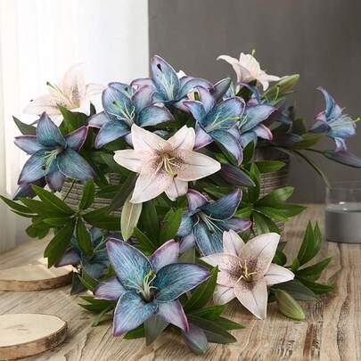 Artificial Lily Flowers, Fake Silk Flower Long Stem Artificial Stargazer Lilies With Full Bloom Faux Tiger Bouquets For Home Decor Wedding Party Hotel Floral Arrangement DIY Decoration,1pc