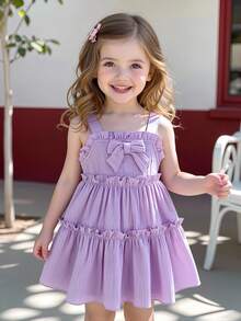 Baby Girls' Spaghetti Strap Ruffle Bow A-Line Cake Dress, Suitable For Everyday Outings, Spring/Summer - Purple - View 4