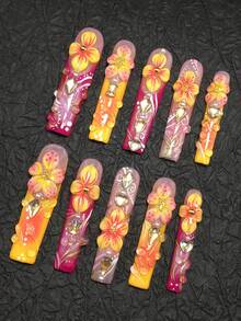 This Is A 10-Piece Set Of Handcrafted Coffin-Shaped Press-On Nails-A Bold Color-Block 3D Decorative Nail Art Collection. It Uses High-Saturation Solid Shades Like Green, Pink, Orange, And Blue As The Main Tones, Paired With Black Textures And White Polka Dots To Create A Color-Block Effect. Decorations Include 3D Teardrop Shapes, Petal-Like Ornaments, And Micro Rhinestones, Resulting In A Distinctive Style With Strong Visual Impact. - 彩色 - 查看 4