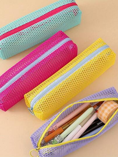 1 PC Multi-Color Mesh Zippered Pencil Case With Compartments - & Office Organizer For Pens, Pencils, Markers - Durable Zipper Closure, Mesh Design For Easy Visibility, Portable Writing Supply Holder For Students & Teachers