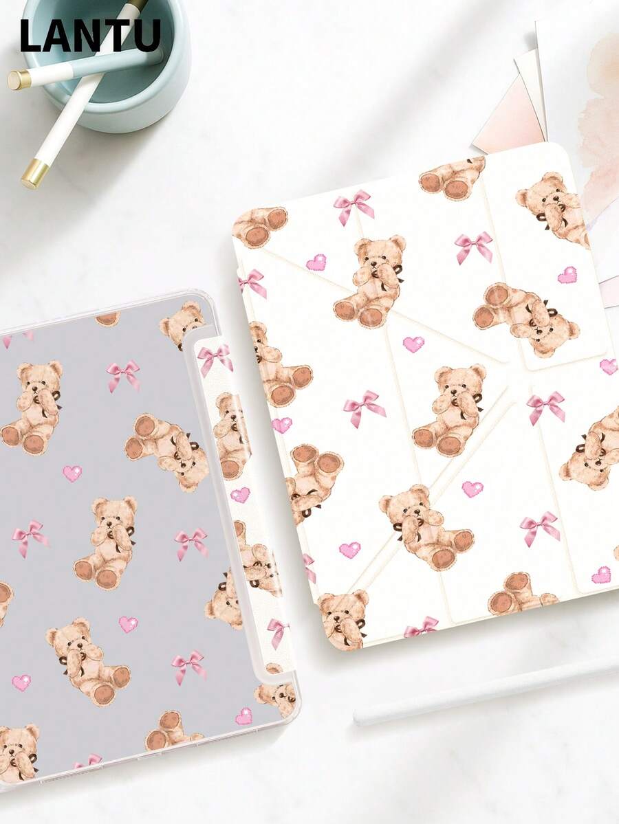1pc Teddy Bear Plush Doll & Bow Pattern Tablet Protective Case, New Y-Fold Design, Multi-Angle Stand, Double-Sided Printed, Compatible With 10.2", Pro 11" 2020/2021/2025 11th Gen, Mini 6/7, Anti-Drop, Pencil Slot, Sleep/Wake Support, A Great Gift For Tablet Users