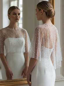 Short Wedding Vest Shawl Elegant Pearls Wedding Bridal Cape Cloak Shawl - Multicolor - View 2