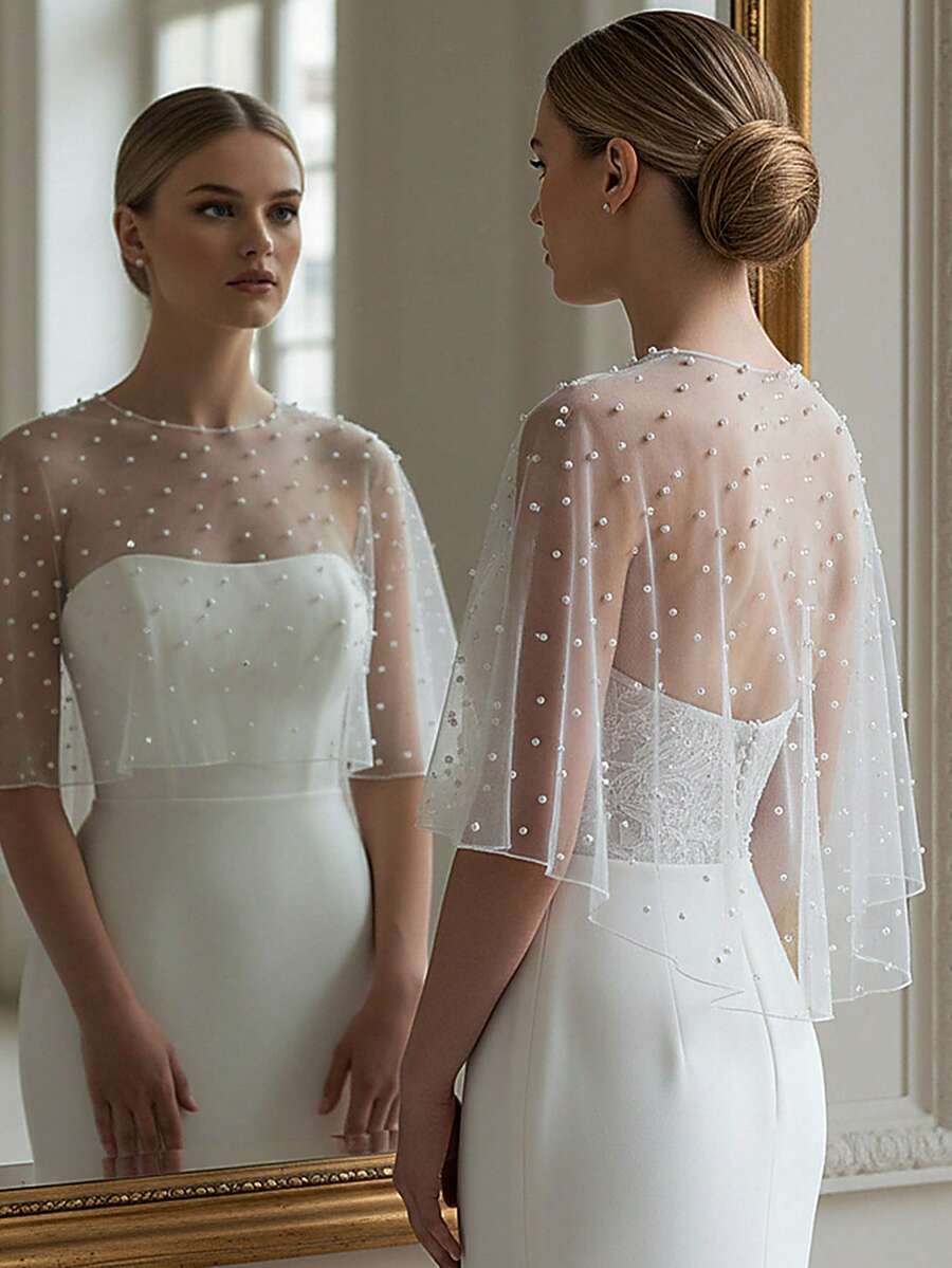 Short Wedding Vest Shawl Elegant Pearls Wedding Bridal Cape Cloak Shawl