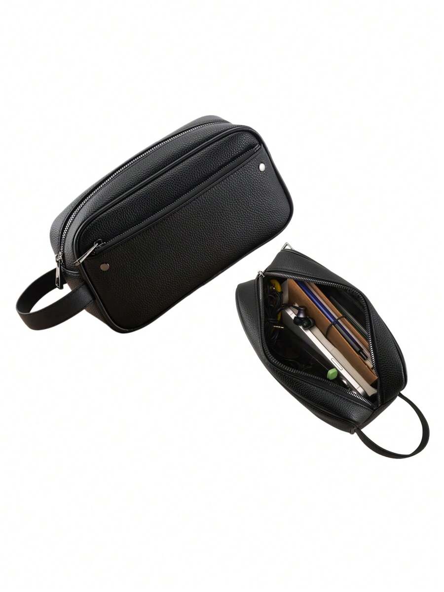 HOVI'S 男士黑色真皮手拿包 - 大容量腕包，带双拉链口袋，适合日常通勤、旅行和商务出行，是送给他的完美礼物 - 黑色 - 查看 1