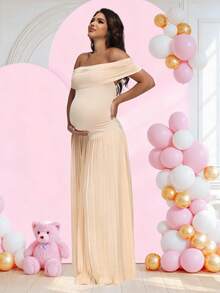 JustVH Vestido de fiesta de maternidad con hombros descubiertos, bajo con volantes, vestido formal largo para baby shower de mujer - Albaricoque - Ver 4