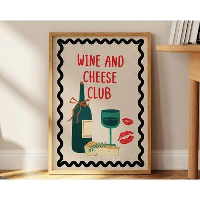 1 pieza Impresión artística del Club de Vino y Queso, Ilustración de vino para decoración de pared, Impresión artística de cocina, Decoración de pared con temática de vino, Impresión de cocina pintada a mano, Arte vintage