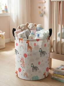 1 件可爱动物图案可折叠大容量圆形收纳篮带手柄，多用途储物箱，适用于育儿室、婴儿用品、尿布、衣服、玩具收纳盒，可折叠婴儿用品收纳盒 - 彩色 - 查看 20
