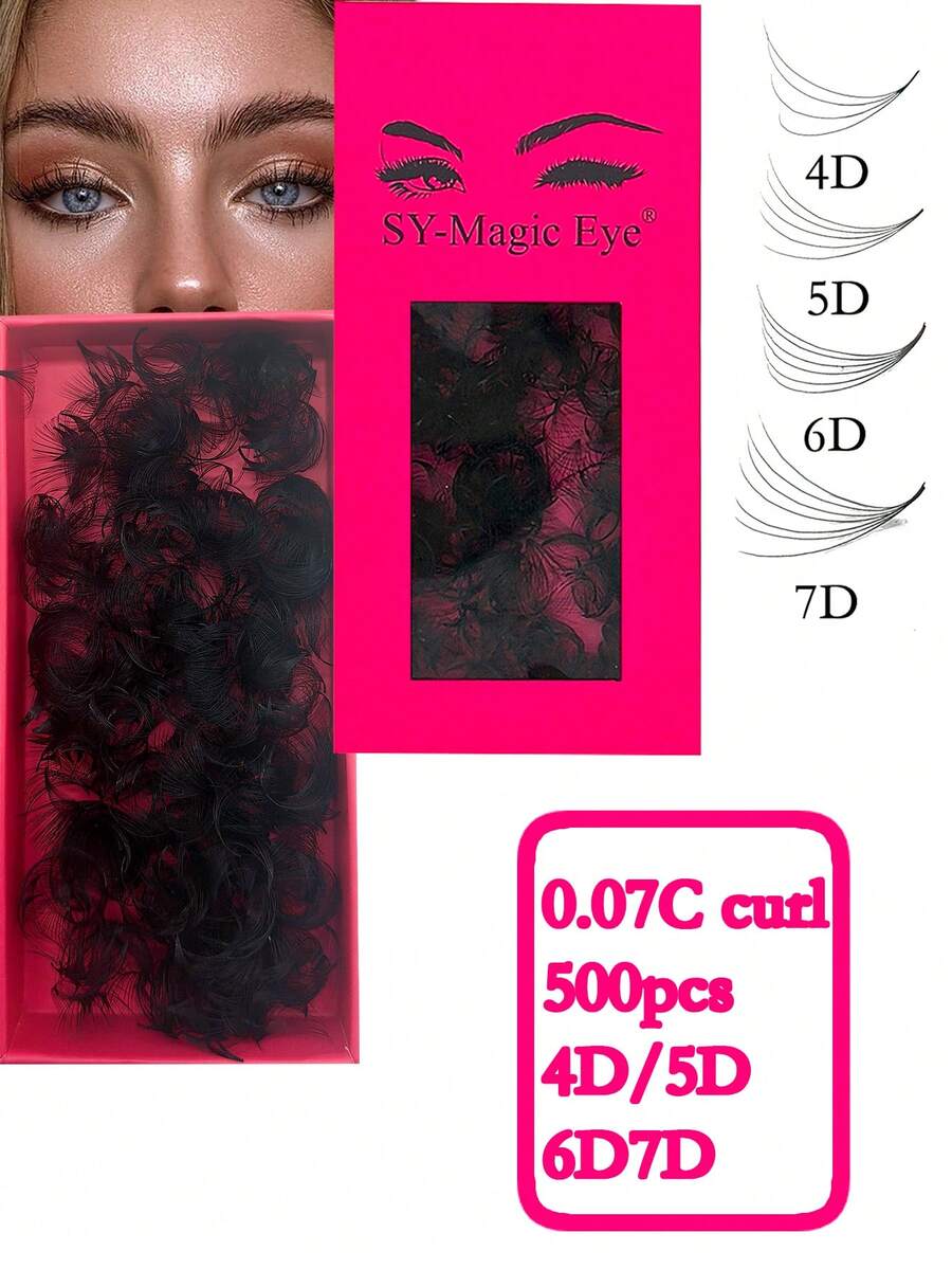 预制睫毛簇 500 根，4D-5D-6D-7D，手工预制睫毛簇，0.07mm 粗细，8-15mm 混合长度，C 卷度，适用于日常、婚礼、派对、化妆等场合。