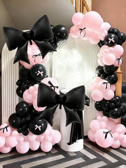 104pcs Black And Pink Balloon Bow Arch Set, Includes Black And Pink Latex Balloons, Black And Pink Satin Ribbon Bows, Black Bow Foil Balloons, For Party Decoration, Wedding, Bridal Shower, Anniversary, Birthday Party, Bow Decor, Valentine's Day, Home Birthday Party, Photo Shoot Decor, Princess Birthday Party, Baby Shower, Bachelorette Party, Outdoor Influencer Shoot Decor