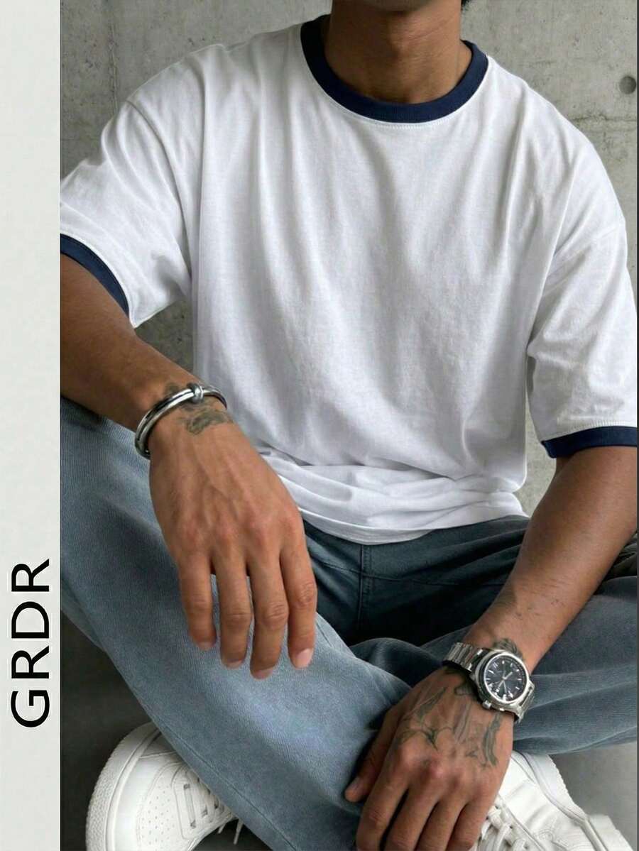 GRDR 复古撞色领圆领短袖T恤，舒适透气，夏季必备 - 白色 - 查看 1