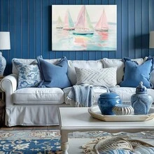 1pc Blue Summer Wall Art, Beach Decor, Ocean Framed Wall Art, Wrapped Canvas Poster Vintage Prints, Sailboats, Water, Colorful Sails - Modern, Impressionistic, Watercolor, Loose Brushstrokes Style, Perfect Gift Decor, Wall Art for Living Room Bedroom Office, Hanging Hardware Included - Wrapped Framed Canvas, Horizontal - Lienzo enmarcado - Ver 7