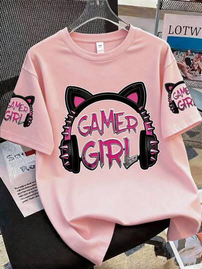 夏季新款粉色猫耳游戏印花宽松T恤，街头休闲短袖上衣，适合青少年女孩，百搭又可爱