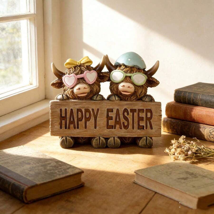Easter Table Decorations Cute Highland Cow Figurines With Letter Signs ...