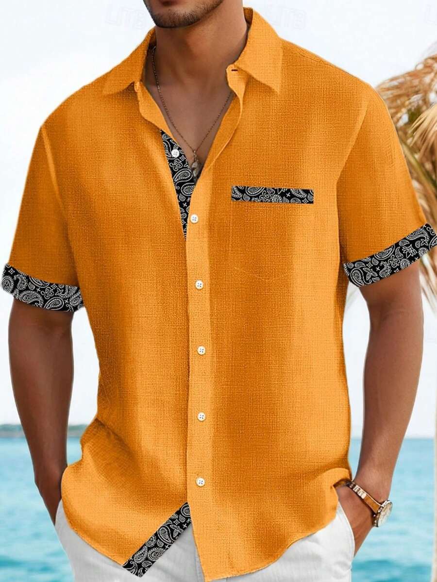 Áo sơ mi Hawaii in họa tiết hoa điều, áo sơ mi nam tay ngắn cài cúc. - trái cam - Xem 1