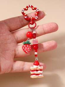 1pc Heart Beaded Keychain, Strawberry Cake Keyring, Keychain, Bag Charm - Multicolor - View 8