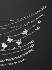 8pcs Bohemian Style Butterfly & Heart Anklet Set, Suitable For Women, Couples, Sisters, Summer Holiday, Date, Daily Casual, Wedding Party, Gift For Mom, Friends, Sisters - Silver - View 3