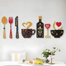 8 pezzi Set di decorazioni in legno per pareti, include disegni di coltello e forchetta, tazza da caffè, bicchiere da vino, adatto per decorazione di cucina, caffetteria, sala da pranzo, bar, pannelli decorativi, appendini da parete in legno, simboli per la casa, regali decorativi per inaugurazione casa e festività - Multicolore - Visualizzare 9