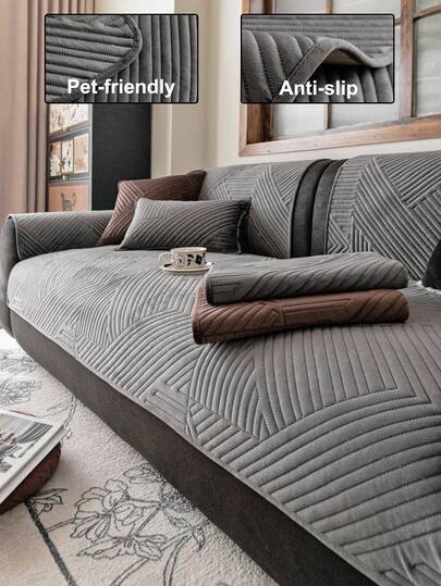 1pc Embroidered Plush Sofa Cushion Cover, Solid Color Geometric Line Floral Pattern, Non-Slip Anti-Scratch, Suitable For All Seasons, Easy To Clean, Holiday & Home Decor, Fits 1/2/3/4 Seater Sofa