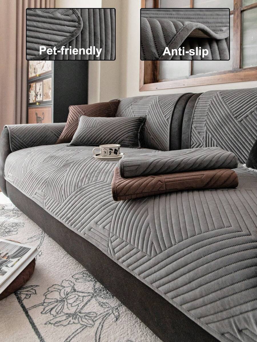 1 chiếc vỏ gối sofa nhung thêu, màu trơn, họa tiết hoa văn hình học, chống trượt, chống trầy xước, phù hợp cho mọi mùa, dễ vệ sinh, trang trí nhà cửa và ngày lễ, phù hợp với sofa 1/2/3/4 chỗ ngồi - Màu xám đen - Xem 1