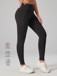 High Waist Double Pocket Lifting & Slimming Yoga Pants, Fitness Leggings, Outdoor Tight Pants - Black - View 6