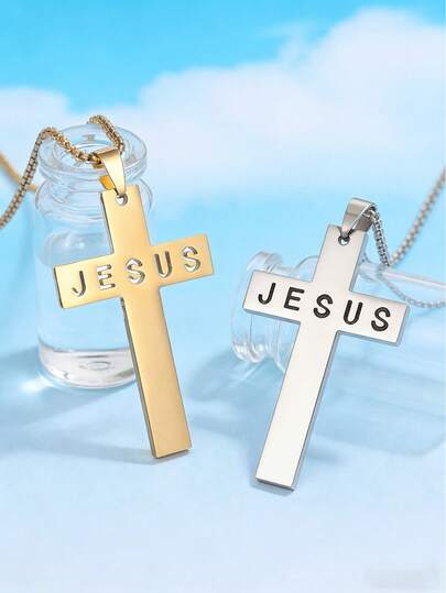 1pc Minimalist Engraved Jesus Cross Pendant Necklace, Gold/Silver Stainless Steel Christian Cross Chain Necklace, Suitable For Men And Women