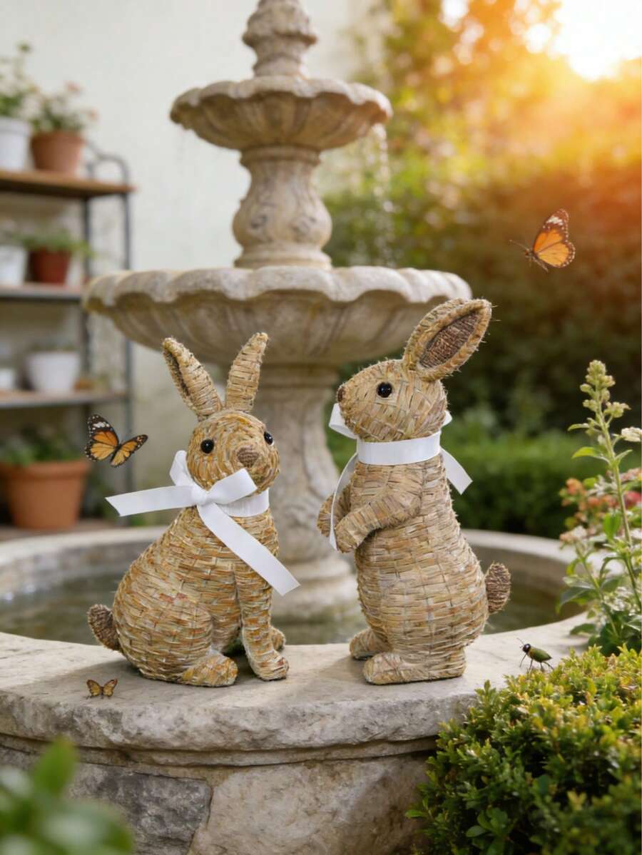 1pc Rattan-Woven Resin Rabbit Figurine, Suitable For Indoor/Outdoor Decoration In Living Room Or Bedroom, Can Be Used As Room Decor, Home Decor Or Birthday Decor - D - View 1