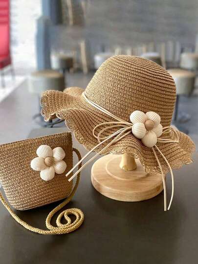 Set de 2 piezas: Sombrero de paja con decoración floral fresca y bolso cruzado tejido para niñas, Sombrero de sol de verano + Bolso mini tejido para niños