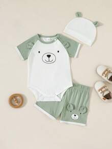 3pcs Baby Outfit Set, Newborn Bear Design Short Sleeve Bodysuit (With Snap Closure Collar) + Shorts + Ear Hat, Suitable For Infant Daily Wear - Mint Green - View 4
