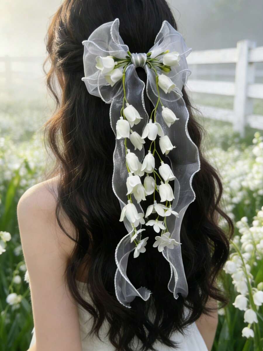 1pc Multi-Layer Lily Flower Tail Bow Mesh Hair Clip, Dreamy Fairy Style Hair Accessory - Multicolor - View 1